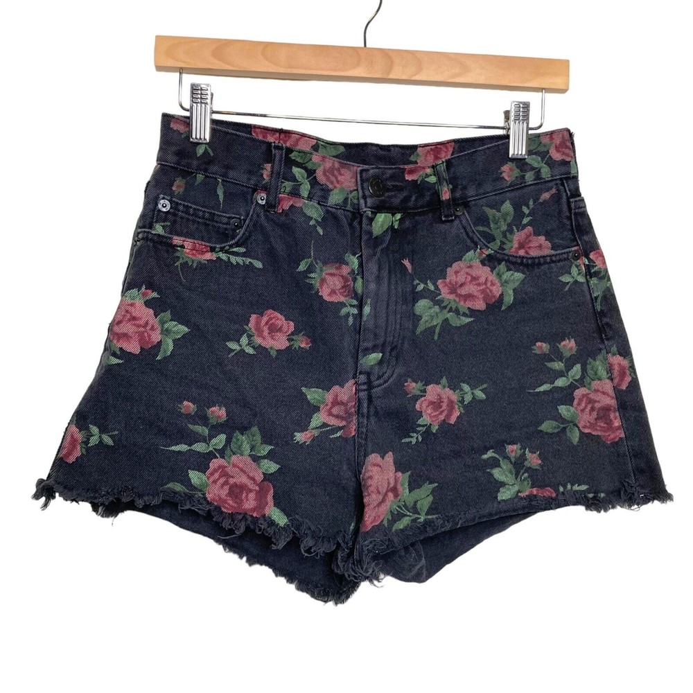 Monki Rose Prints Raw Hem High Rise Jean Shorts Size 28